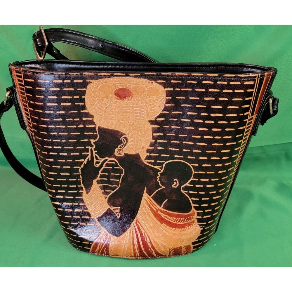 Handcrafted Black Leather Shoulder Bag African Female Child Purse 8.5" x 10"